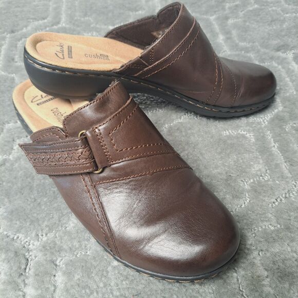 Clarks Collection Brown Leather Mules WOMENS SIZE 7.5M slip on comfort shoes - Picture 1 of 13